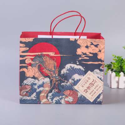 Customized Logo Printed Cheap Recycle Grocery Food dragon pattern Kraft Craft Paper Bag With Handles